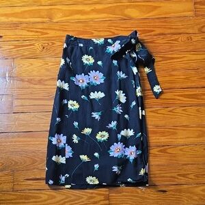 LOFT Black Floral Tie-Waist Midi Skirt